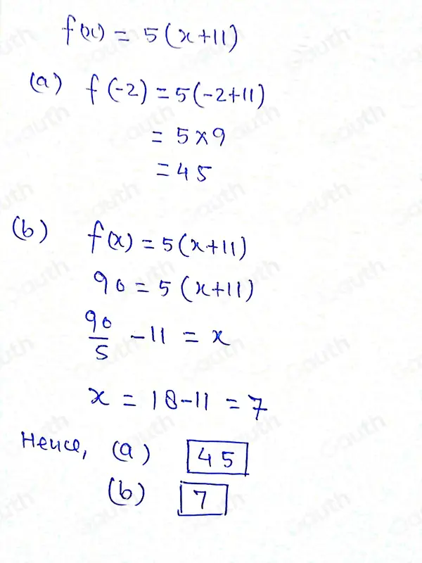 Solved: Function f is represented by f(x)=5(x+11). a. Find f(-2) b ...