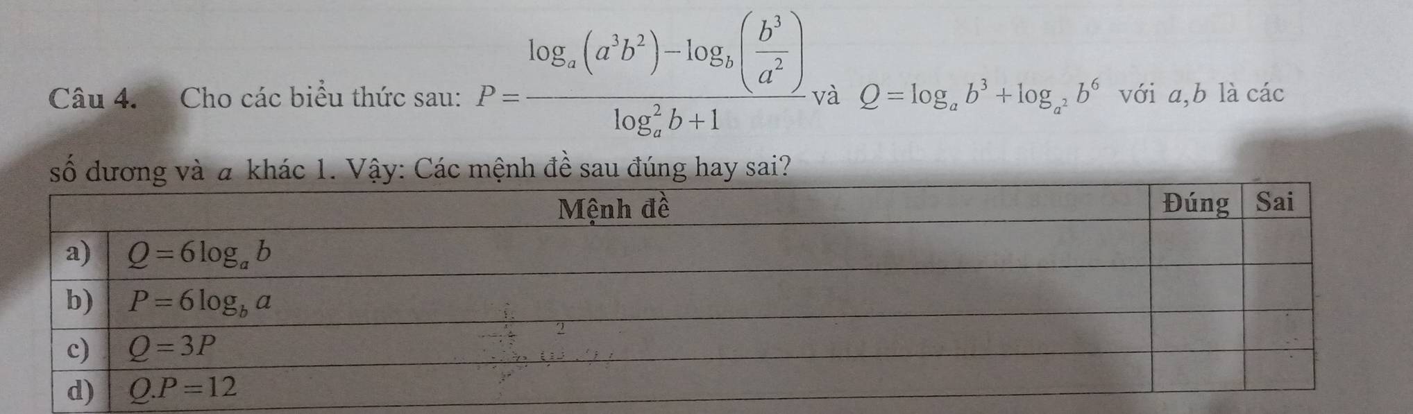 P=frac log _a(a^3b^2)-log _a( b^3/a^2 )(log _a)^2b+1
Câu 4. Cho các biểu thức sau: và Q=log _ab^3+log _a^2b^6 với a,b là các
số dương và a khác 1. Vậy: Các mệnh đề sau đúng hay sai?