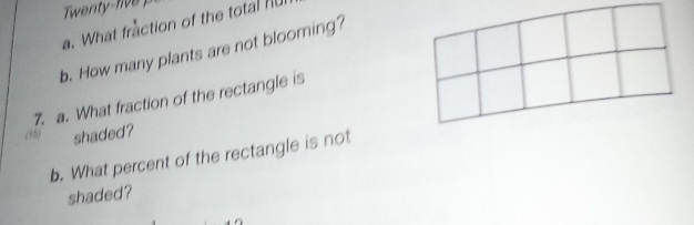 What fraction of the total nu 
b. How many plants are not blooming? 
7. a. What fraction of the rectangle is 
(95) shaded? 
b. What percent of the rectangle is not 
shaded?