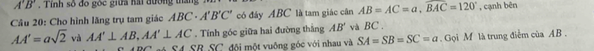 A'B' , Tỉnh số đo góc giữa hai đường thắng 
Câu 20: Cho hình lăng trụ tam giác ABC· A'B'C' có đáy ABC là tam giác cân AB=AC=a, widehat BAC=120° , cạnh bên
AA'=asqrt(2) và AA'⊥ AB, AA'⊥ AC. Tính góc giữa hai đường thẳng AB' và BC. 
Sá S4 SB SC, đội một vuông góc với nhau và SA=SB=SC=a. Gọi M là trung điễm của AB.