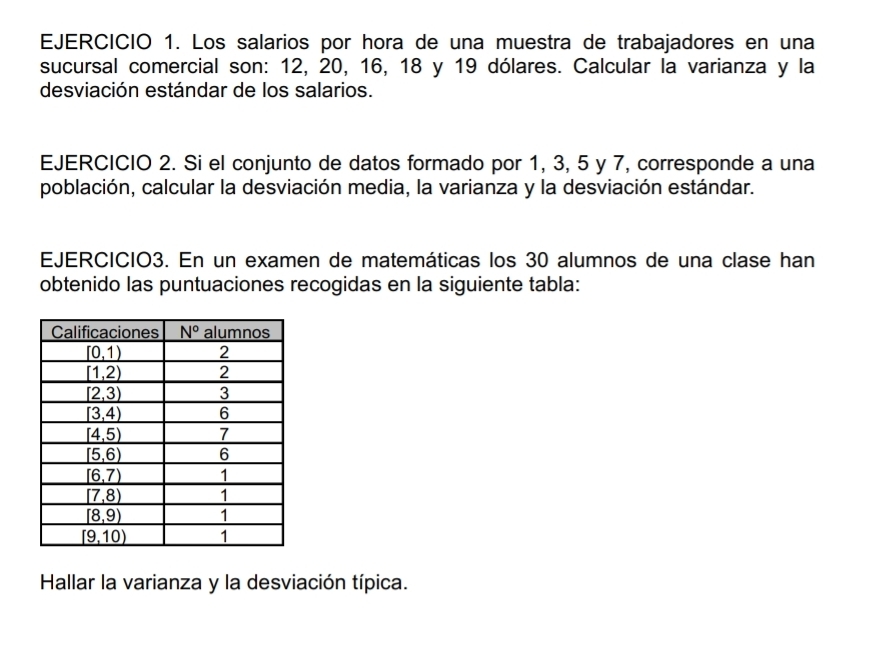 Los salarios por hora de una muestra de trabajadores en una
sucursal comercial son: 12, 20, 16, 18 y 19 dólares. Calcular la varianza y la
desviación estándar de los salarios.
EJERCICIO 2. Si el conjunto de datos formado por 1, 3, 5 y 7, corresponde a una
población, calcular la desviación media, la varianza y la desviación estándar.
EJERCICIO3. En un examen de matemáticas los 30 alumnos de una clase han
obtenido las puntuaciones recogidas en la siguiente tabla:
Hallar la varianza y la desviación típica.