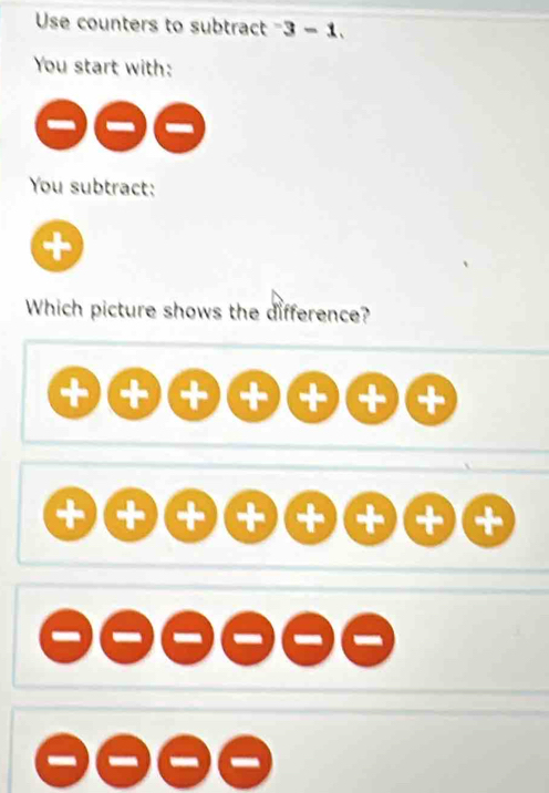 Use counters to subtract^-3-1, 
You start with: 
You subtract: 
Which picture shows the difference? 
+ + + + + + + +