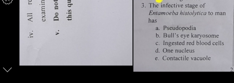 The infective stage of
a 5 ≌ Entamoeba histolytica to man
has
a. Pseudopodia
b. Bull's eye karyosome
c. Ingested red blood cells
d. One nucleus
e. Contactile vacuole
2