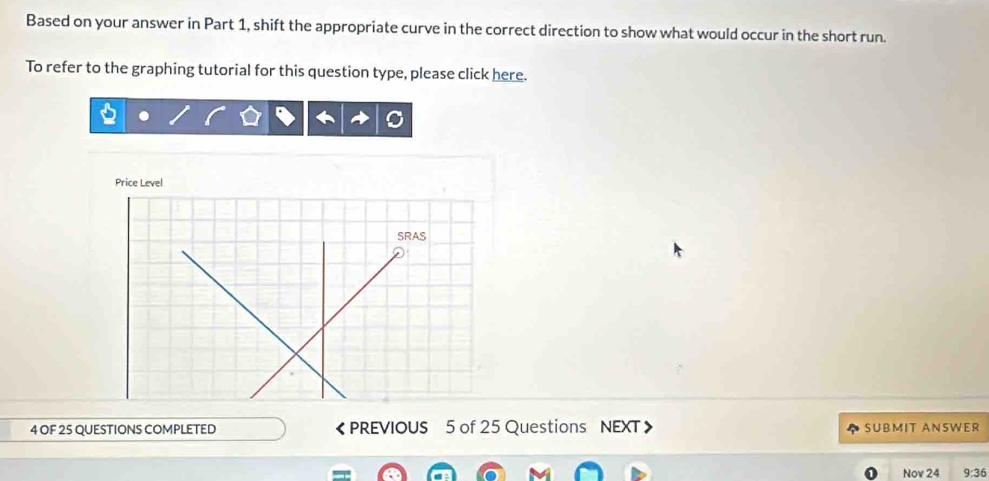 Based on your answer in Part 1, shift the appropriate curve in the correct direction to show what would occur in the short run. 
To refer to the graphing tutorial for this question type, please click here. 
4 OF 25 QUESTIONS COMPLETED 《 PREVIOUS 5 of 25 Questions NEXT 》 SUBMIT ANSWER 
Nov 24 9:36