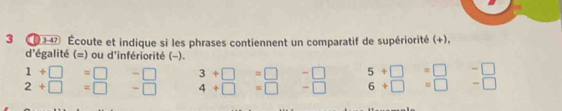 3 Écoute et indique si les phrases contiennent un comparatif de supériorité (+), 
d'égalité (=) ou d'infériorité (-).
1+□ =□
2+□ =□ beginarrayr -□  -□ endarray 3+□ =□ beginarrayr -□  -□ endarray 5+□ =□ =□
4+□ =□ 6+□ =□ -□