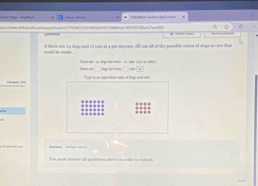 Home Page - TeachHub χ Clever | Portal χ DeltaMarh Stadent Application 
ps://www.deltamath.com/app/student/3795847/25074658/018120080cbc18f1f92208a1e7aac905 
Question Waltch Vidro Show Examples 
If there are 24 dogs and 12 cats at a pet daycare, fill out all of the possible ratios of dogs to cats that 
could be made. 
There are 24 dogs for every 12 cats (24: 12 ratio) 
There are dogs for every cals w 
Complete: 27% Type in an equivalent ratio of dogs and cats. 
aticn 
es (Traproolds and Answer Altampt 1 outof 
You must answer all questions above in order to submit. 
Stuck