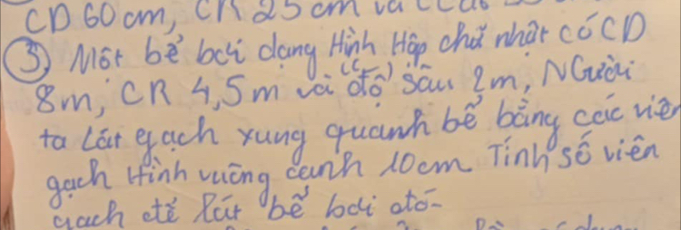 cP60cm, ChàScm vaccub 
③ Mor be bei dang. Hish Hgpe cha whar cocD
8m, cn s, Smvài do' sāu em, NQuà 
to lat each xung quanh bē bàng coc vie 
gach Hfinh wōng canh 10cm Tinhso vién 
gach etc Rat bē boi ató-