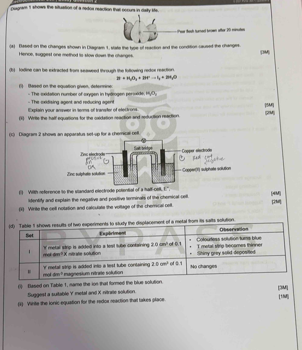 Diagram 1 shows the situation of a redox reaction that occurs in daily life.
Pear flesh turned brown after 20 minutes
(a) Based on the changes shown in Diagram 1, state the type of reaction and the condition caused the changes.
Hence, suggest one method to slow down the changes. [3M]
(b) lodine can be extracted from seaweed through the following redox reaction.
2I^-+H_2O_2+2H^+to I_2+2H_2O
(i) Based on the equation given, determine:
- The oxidation number of oxygen in hydrogen peroxide, H_2O_2
- The oxidising agent and reducing agent
[5M]
Explain your answer in terms of transfer of electrons.
(ii) Write the half equations for the oxidation reaction and reduction reaction. [2M]
(c) Diagram 2 shows an apparatus set-up for a chemical cell.
(i) With reference to the standard electrod [4M]
ldentify and explain the negative and positive terminals of the chemical cell.
(ii) Write the cell notation and calculate the voltage of the chemical cell. [2M]
a metal from its salts solution.
(i) Based on Table 1, name the ion that formed the blue solution.
[3M]
Suggest a suitable Y metal and X nitrate solution.
(ii) Write the ionic equation for the redox reaction that takes place. [1M]