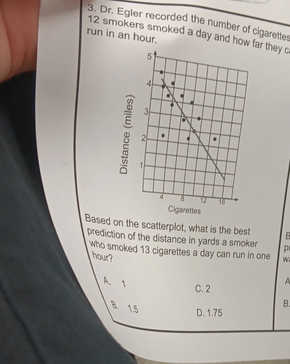 Dr. Egler recorded the number of cigarettes
12 smokers smoked a day and how far they c
run in an hour.
es
Based on the scatterplot, what is the best B
prediction of the distance in yards a smoker p
who smoked 13 cigarettes a day can run in one W
hour? A
A. 1
C. 2
B. 1.5
B.
D. 1.75