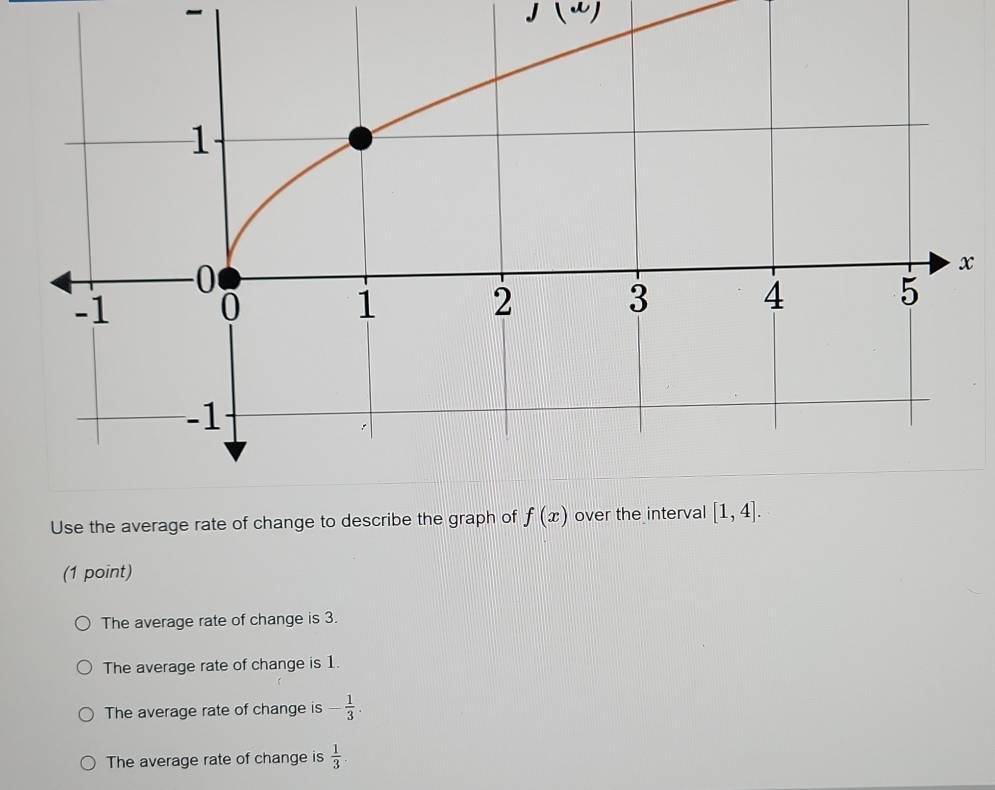 Use the average rate of change to describe the graph
(1 point)
The average rate of change is 3.
The average rate of change is 1.
The average rate of change is - 1/3 .
The average rate of change is  1/3 .