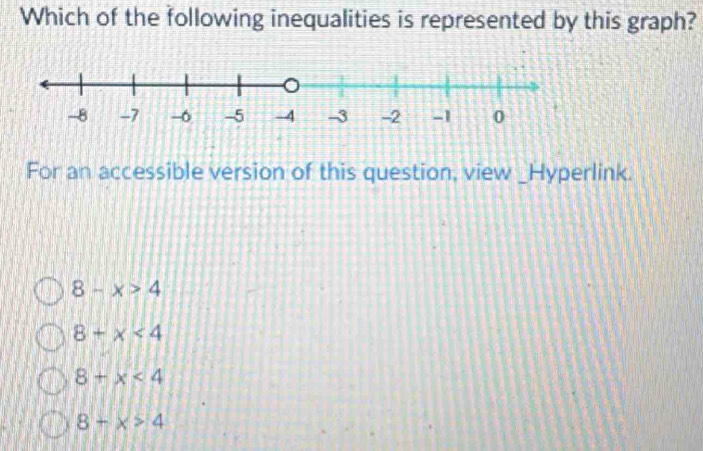 Which of the following inequalities is represented by this graph?
For an accessible version of this question, view _Hyperlink.
8-x>4
8+x<4</tex>
8+x<4</tex>
8+x>4