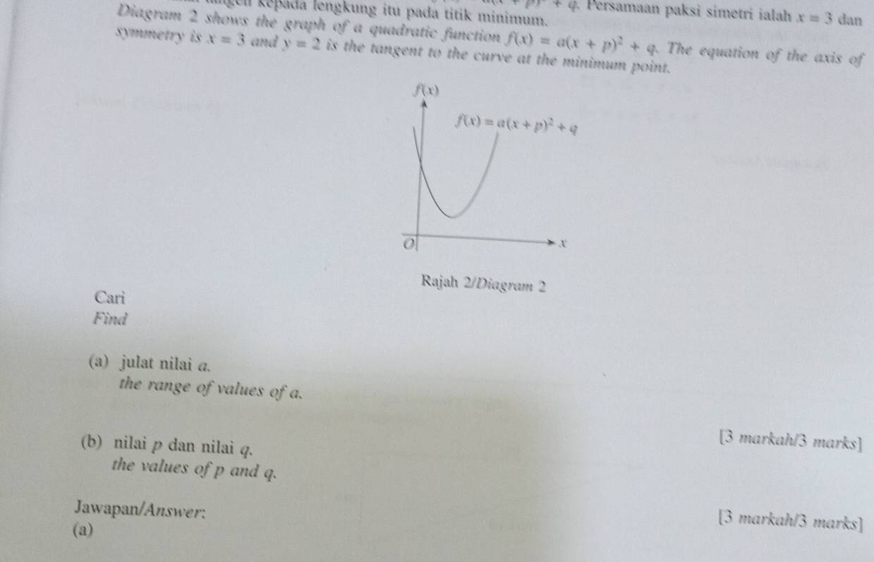 +p)+q. Persamaan paksi simetri ialah x=3 dan
l gel kopada lengkung itu pada titik minimum.
Diagram 2 shows the graph of a quadratic function f(x)=a(x+p)^2+q. The equation of the axis of
symmetry is x=3 and y=2 is the tangent to the curve at the minimum point.
Rajah 2/Diagram 2
Cari
Find
(a) julat nilai a.
the range of values of a.
(b) nilai p dan nilai q.
[3 markah/3 marks]
the values of p and q.
Jawapan/Answer:
[3 markah/3 marks]
(a)