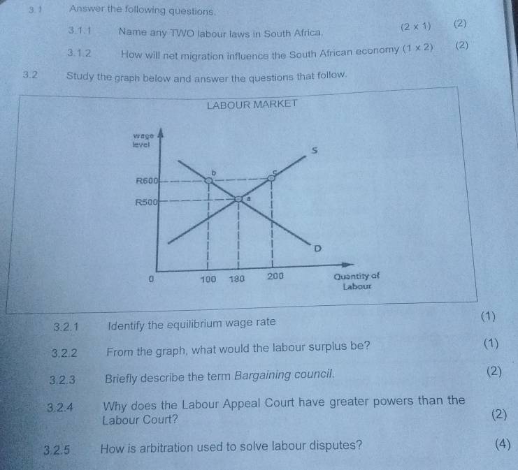 Answer the following questions.
(2* 1)
3.1.1 Name any TWO labour laws in South Africa. (2) 
3.1.2 How will net migration influence the South African economy (1* 2) (2) 
3.2 Study the graph below and answer the questions that follow. 
LABOUR MARKET 
3.2.1 Identify the equilibrium wage rate (1) 
3,2.2 From the graph, what would the labour surplus be? 
(1) 
3.2.3 Briefly describe the term Bargaining council. (2) 
3.2.4 Why does the Labour Appeal Court have greater powers than the 
Labour Court? (2) 
3,2.5 How is arbitration used to solve labour disputes? (4)