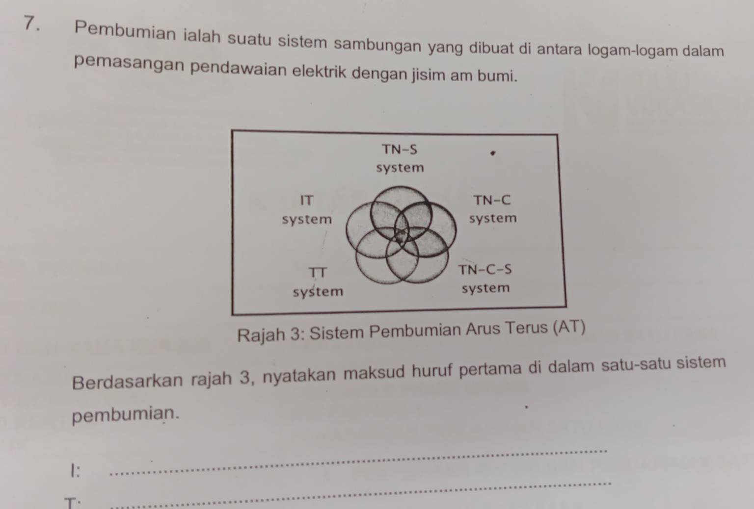 Pembumian ialah suatu sistem sambungan yang dibuat di antara logam-logam dalam 
pemasangan pendawaian elektrik dengan jisim am bumi. 
Rajah 3: Sistem Pembumian Arus Terus (AT) 
Berdasarkan rajah 3, nyatakan maksud huruf pertama di dalam satu-satu sistem 
pembumian. 
1: 
_ 
T· 
_