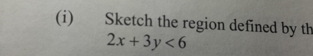 €£ Sketch the region defined by th
2x+3y<6</tex>