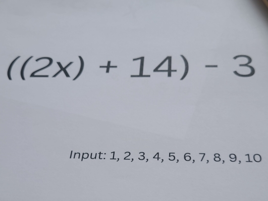 ((2x)+14)-3
Input: 1, 2, 3, 4, 5, 6, 7, 8, 9, 10