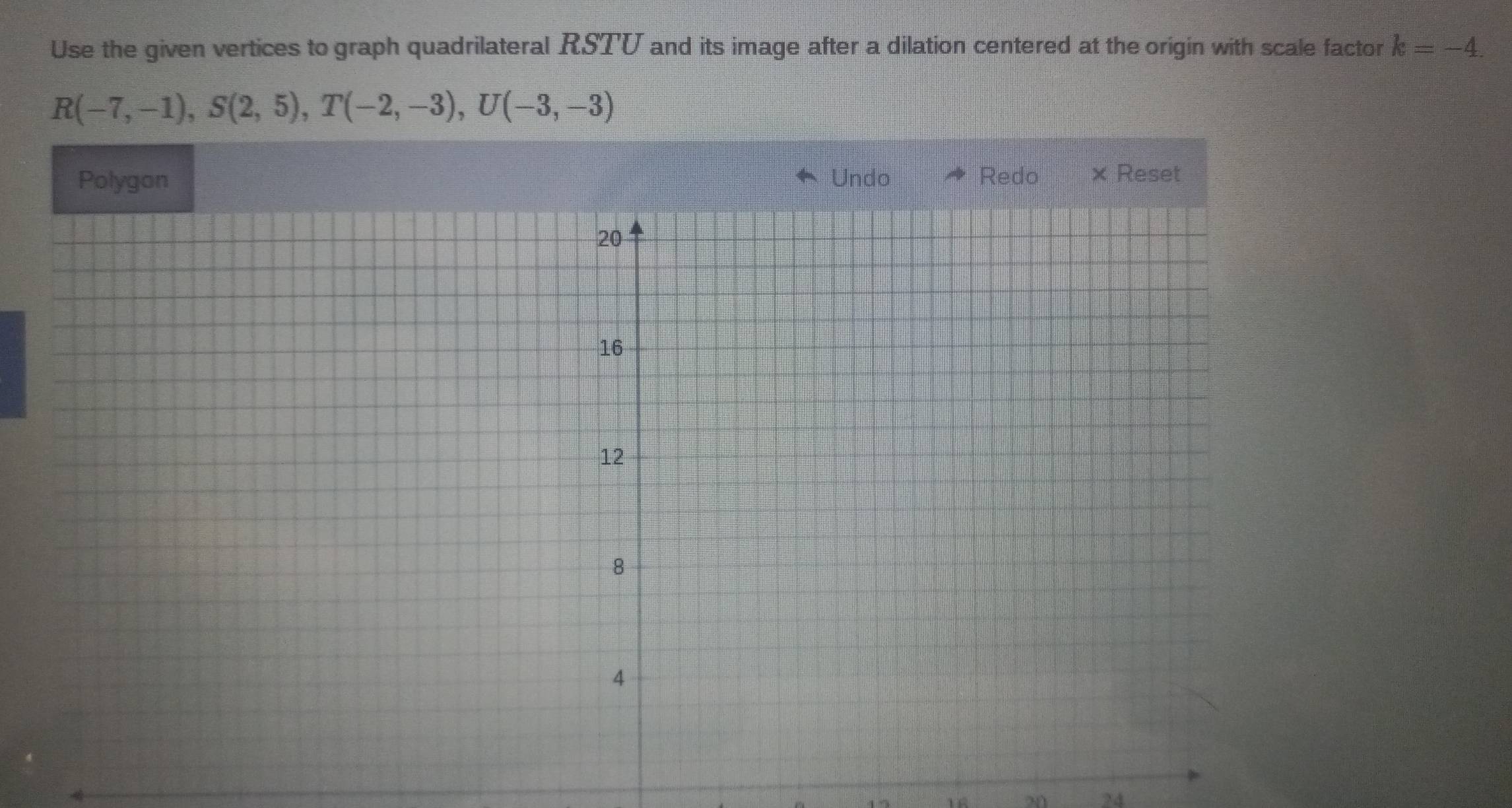 Use the given vertices to graph quadrilateral RSTU and its image after a dilation centered at the origin with scale factor k=-4.
R(-7,-1), S(2,5), T(-2,-3), U(-3,-3)
Undo Redo × Reset
16 20 24