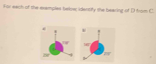 For each of the examples below; identify the bearing of D from C.