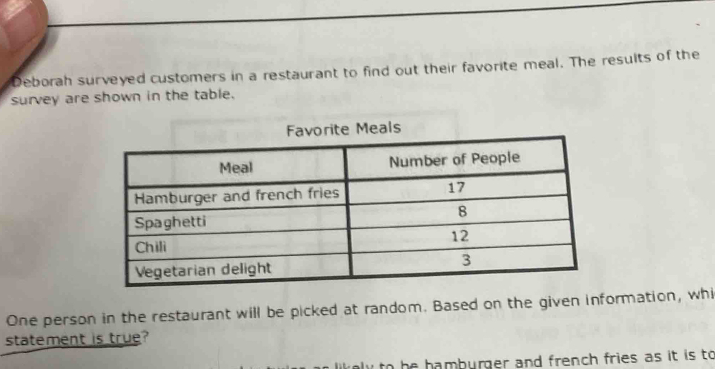 Deborah surveyed customers in a restaurant to find out their favorite meal. The results of the 
survey are shown in the table. 
Favorite Meals 
One person in the restaurant will be picked at random. Based on the given information, whi 
statement is true? 
kely to he hamburger and french fries as it is to