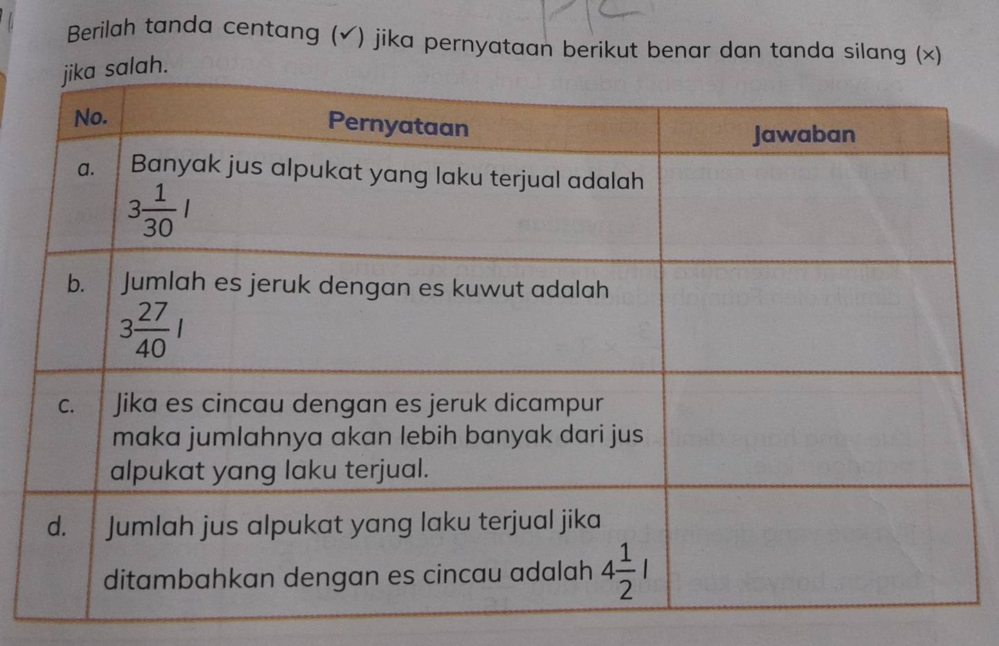 Berilah tanda centang (√) jika pernyataan berikut benar dan tanda silang (×)
ah.