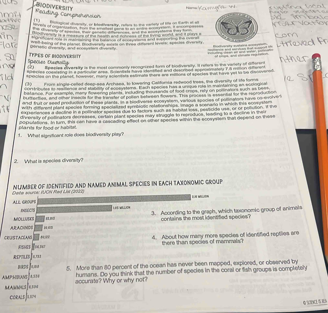 BIODIVERSITY
Name:
   
(1) Biological diversity, or biodiversity, refers to the variety of life on Earth at all
levels of organization, from the smallest gene to an entire ecosystem. It encompasses
the diversity of species, their genetic differences, and the ecosystems they form
Biodiversity is a measure of the health and richness of the living world, and it plays a
significant role in maintaining the balance of ecosystems and supporting the overall
well-being of the planet. Biodiversity exists on three different levels: species diversity,
Biodiversity sustains ecosystem.
genetic diversity, and ecosystem diversity.
resilience and services that support lif
including clean air and water, pollinatio
TYPES OF BIODIVERSITY
of crops, and climate regulation.
Species Diersity
(2) Specles diversity is the most commonly recognized form of biodiversity. It refers to the variety of different
species coexisting in a particular area. Scientists have identified and described approximately 7.8 million different
specles on the planet, however, many scientists estimate there are millions of species that have yet to be discovered
(3) From single-celled deep-sea Archaea, to towering California redwood trees, the diversity of life forms
contributes to resilience and stability of ecosystems. Each species has a unique role in maintaining an ecological
balance. For example, many flowering plants, including thousands of food crops, rely on pollinators such as bees,
butterflies, and other insects for the transfer of pollen between flowers. This process is essential for the reproduction
and fruit or seed production of these plants. In a biodiverse ecosystem, various species of pollinators have co-evolve 
with different plant species forming specialized symbiotic relationships. Image a scenario in which this ecosystem
experiences a decline in a pollinator species due to factors such as habitat loss, pesticide use, or or pollution. If the
diversity of pollinators decreases, certain plant species may struggle to reproduce, leading to a decline in their
populations. In turn, this can have a cascading effect on other species within the ecosystem that depend on these
plants for food or habitat.
1. What significant role does biodiversity play?
2. What is species diversity?
NUMBER OF IDENTIFIED AND NAMED ANIMAL SPECIES IN EACH TAXONOMIC GROUP
Data source: IUCN Red List (2022)
2.16 MILLION
ALL GROUPS
INSECTS 1.05 MILLION
3. According to the graph, which taxonomic group of animals
MOLLUSKS 113,813 contains the most identified species?
ARACHNIDS 110.615
CRUSTACEANS 80,122
4. About how many more species of identified reptiles are
FISHES 36,367 there than species of mammals?
REPTILES  11733
BIRDS usa 5. More than 80 percent of the ocean has never been mapped, explored, or observed by
AMPHIBIANS 8.536 humans. Do you think that the number of species in the coral or fish groups is completely
accurate? Why or why not?
MAMMALS 6,596
CORALS  5.574
O SCieNCE IS REA
