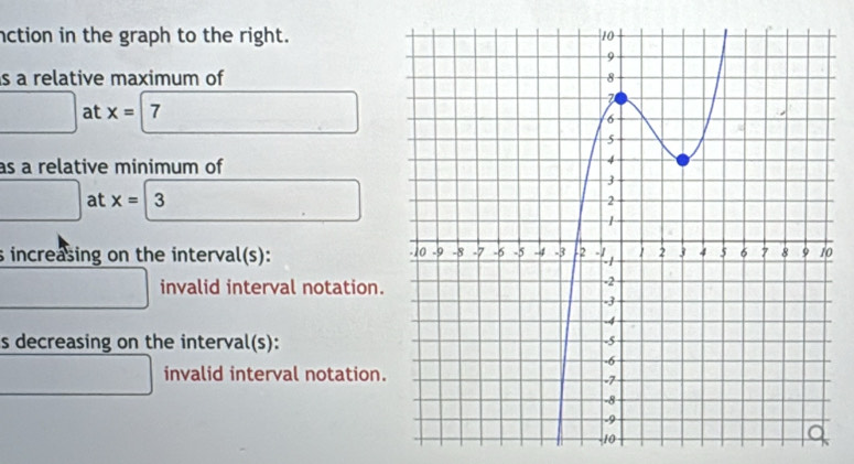 nction in the graph to the right. 
s a relative maximum of
□ at x= 1 _  □ 
as a relative minimum of
□ at x=3 □ □  □ 
s increasing on the interval(s):
0
□ invalid interval notation. 
s decreasing on the interval(s): 
□ invalid interval notation.