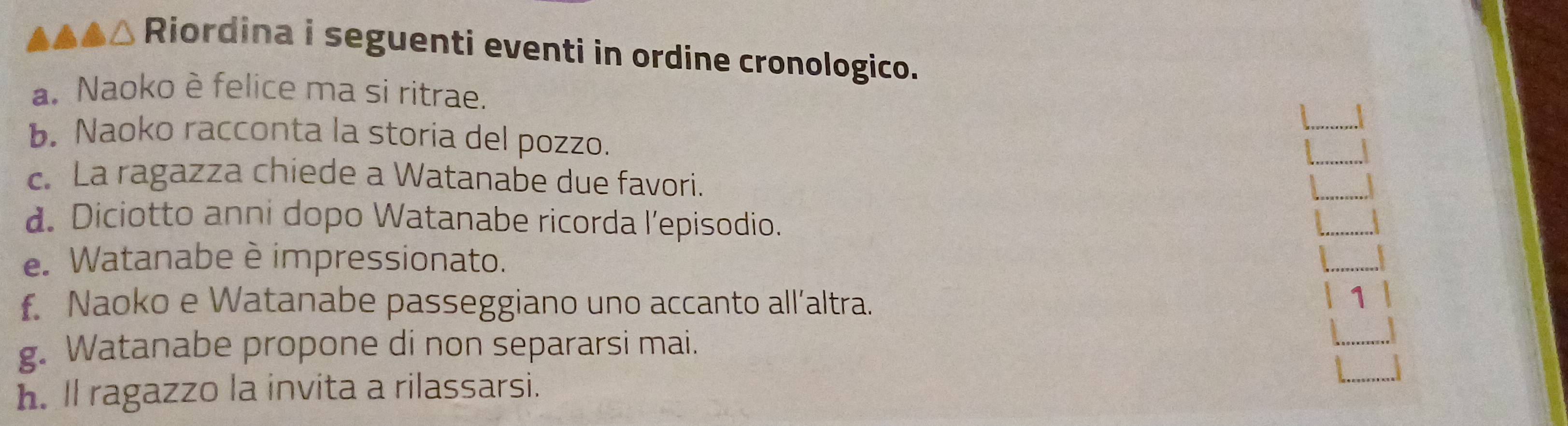 △ Riordina i seguenti eventi in ordine cronologico. 
a. Naoko è felice ma si ritrae. 
b. Naoko racconta la storia del pozzo. 
c. La ragazza chiede a Watanabe due favori. 
d. Diciotto anni dopo Watanabe ricorda l’episodio. 
e. Watanabe è impressionato. 
f. Naoko e Watanabe passeggiano uno accanto all’altra. 
1 
g. Watanabe propone di non separarsi mai. 
h. ll ragazzo la invita a rilassarsi.