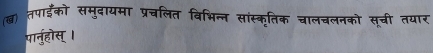 ो समूदायमा प्रचलित विभिन्न सांस्कतिक वालचलनको सची तयर 
पार्नहोस