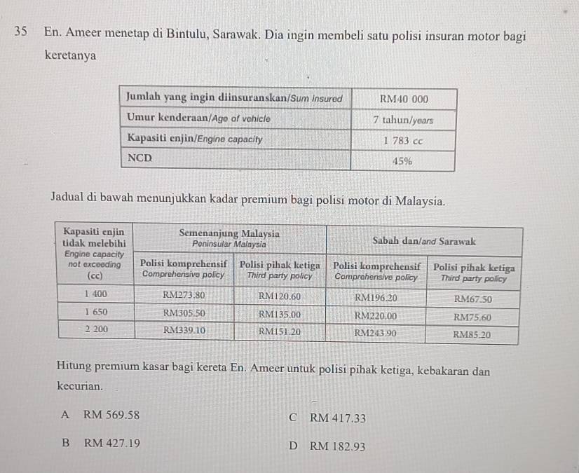 En. Ameer menetap di Bintulu, Sarawak. Dia ingin membeli satu polisi insuran motor bagi
keretanya
Jadual di bawah menunjukkan kadar premium bagi polisi motor di Malaysia.
Hitung premium kasar bagi kereta En. Ameer untuk polisi pihak ketiga, kebakaran dan
kecurian.
A RM 569.58 C RM 417.33
B RM 427.19 D RM 182.93