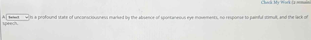 Check My Work (2 remaini 
A Select is a profound state of unconsciousness marked by the absence of spontaneous eye movements, no response to painful stimuli, and the lack of 
speech.