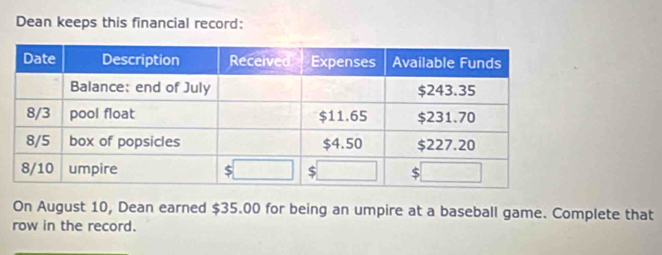 Dean keeps this financial record: 
On August 10, Dean earned $35.00 for being an umpire at a baseball game. Complete that 
row in the record.