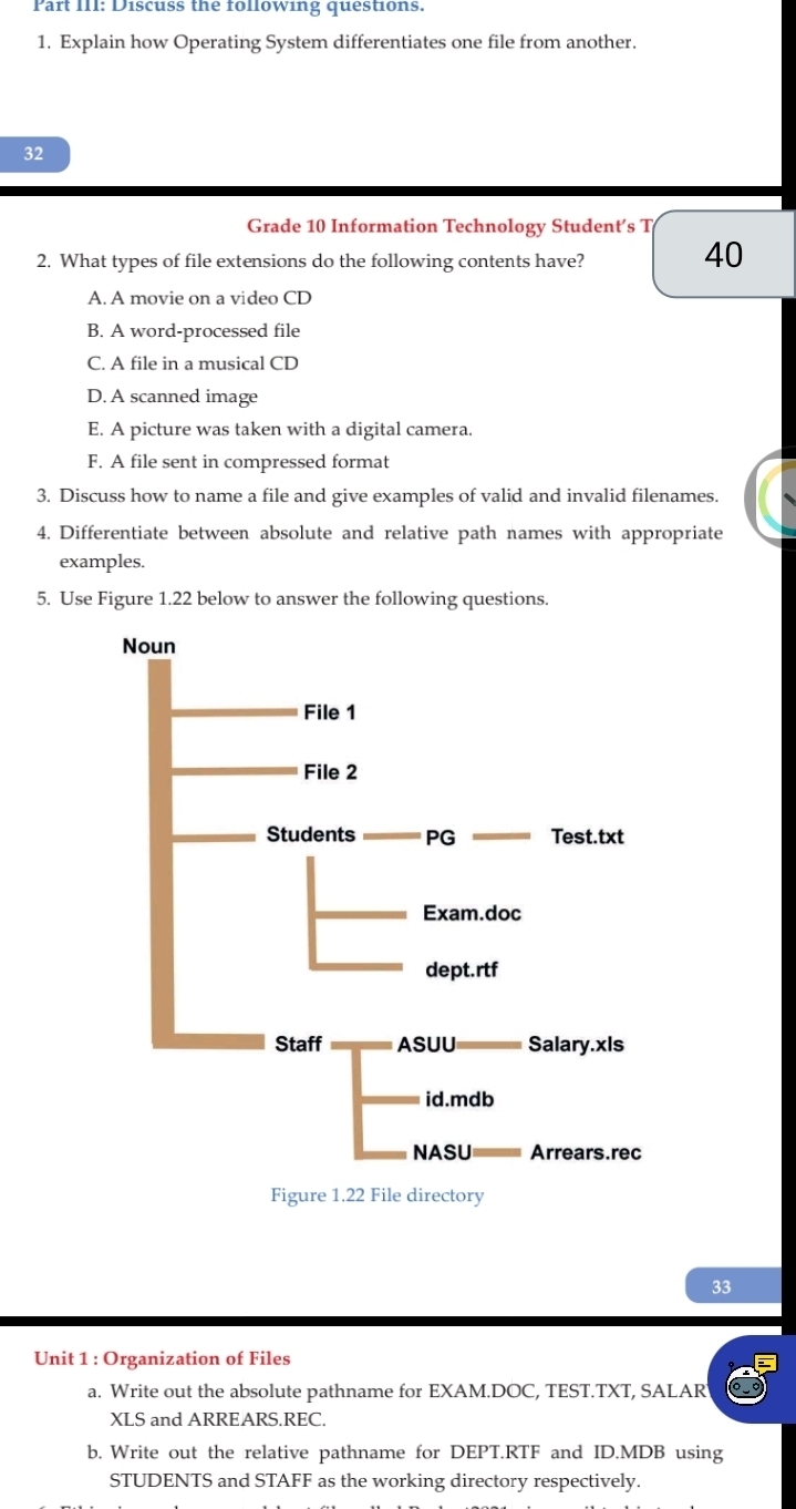 Part III: Discuss the following questions.
1. Explain how Operating System differentiates one file from another.
32
Grade 10 Information Technology Student’s T
2. What types of file extensions do the following contents have?
40
A. A movie on a video CD
B. A word-processed file
C. A file in a musical CD
D. A scanned image
E. A picture was taken with a digital camera.
F. A file sent in compressed format
3. Discuss how to name a file and give examples of valid and invalid filenames.
4. Differentiate between absolute and relative path names with appropriate
examples.
5. Use Figure 1.22 below to answer the following questions.
33
Unit 1 : Organization of Files
a. Write out the absolute pathname for EXAM.DOC, TEST.TXT, SALAR
XLS and ARREARS.REC.
b. Write out the relative pathname for DEPT.RTF and ID.MDB using
STUDENTS and STAFF as the working directory respectively.