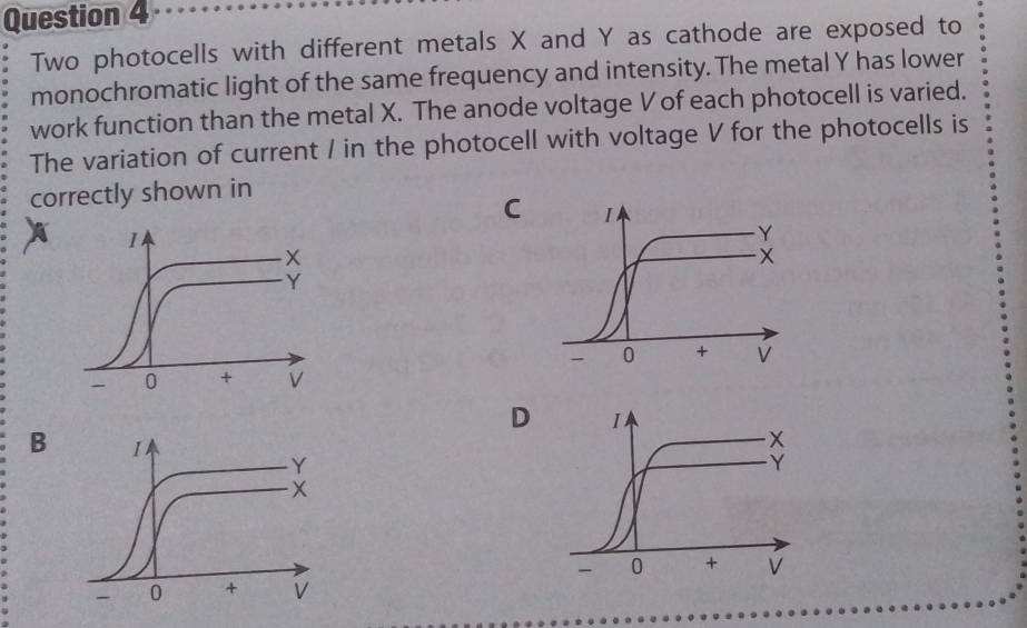 Two photocells with different metals X and Y as cathode are exposed to
monochromatic light of the same frequency and intensity. The metal Y has lower
work function than the metal X. The anode voltage V of each photocell is varied.
The variation of current / in the photocell with voltage V for the photocells is
correctly shown in
C
D
B