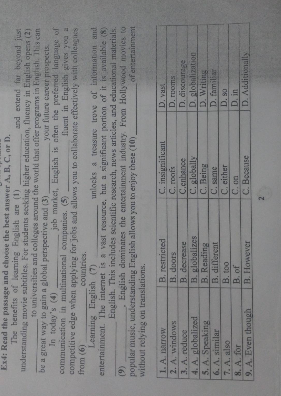 Ex4: Read the passage and choose the best answer A, B, C, or D. 
The benefits of learning English are (1) _and extend far beyond just 
understanding movie subtitles. For students seeking higher education, fluency in English opens (2) 
_to universities and colleges around the world that offer programs in English. This can 
be a great way to gain a global perspective and (3) _your future career prospects. 
In today’s (4) _job market, English is often the preferred language of 
communication in multinational companies. (5) _fluent in English gives you a 
competitive edge when applying for jobs and allows you to collaborate effectively with colleagues 
from (6)_ countries. 
Learning English (7) _unlocks a treasure trove of information and 
entertainment. The internet is a vast resource, but a significant portion of it is available (8) 
_English. This includes scientific research, news articles, and educational materials. 
(9) _, English dominates the entertainment industry. From Hollywood movies to 
popular music, understanding English allows you to enjoy these (10) _of entertainment 
without relying on translations. 
2