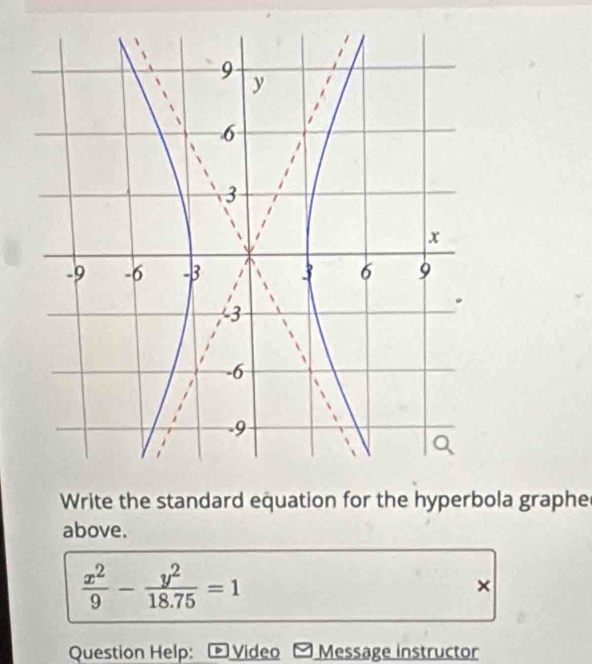 Write the standard equation for the hyperbola graphe 
above.
 x^2/9 - y^2/18.75 =1
× 
Question Help: * Video Message instructor