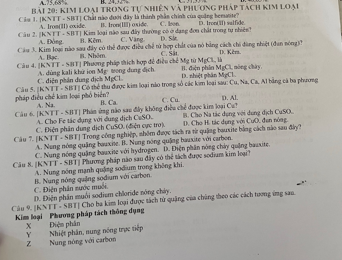 A.75,68%. B. 24,32%.
Bài 20: kIm loại trong tự nhiên và phương pháp tách kim loại
Câu 1. [KNTT - SBT] Chất nào dưới đây là thành phần chính của quặng hematite?
A. Iron(II) oxide. B. Iron(III) oxide. C. Iron. D. Iron(II) sulfide.
Câu 2. [KNTT - SBT] Kim loại nào sau đây thường có ở dạng đơn chất trong tự nhiên?
A. Đồng. B. Kẽm. C. Vàng. D. Sắt.
Câu 3. Kim loại nào sau đây có thể được điều chế từ hợp chất của nó bằng cách chi dùng nhiệt (đun nóng)?
A. Bạc. B. Nhôm. C. Sắt. D. Kẽm.
Câu 4. [KNTT - SBT] Phương pháp thích hợp để điều chế Mg từ MgCl, là
A. dùng kali khử ion Mg* trong dung dịch. B. điện phân MgCl, nóng chảy.
C. điện phân dung dịch MgCl. D. nhiệt phân MgCl..
Câu 5. |KNTT - SBT| Có thể thu được kim loại nào trong số các kim loại sau: Cu, Na, Ca, Al bằng cả ba phương
pháp điều chế kim loại phổ biến?
A. Na. B. Ca. C. Cu. D. Al.
Câu 6. [KNTT - SBT] Phản ứng nào sau đây không điều chế được kim loại Cu?
A. Cho Fe tác dụng với dung dịch CuSO.. B. Cho Na tác dụng với dung dịch CuSO..
C. Điện phân dung dịch CuSO. (điện cực trơ). D. Cho H₂ tác dụng với CuO, đun nóng.
Câu 7. [KNTT - SBT] Trong công nghiệp, nhôm được tách ra từ quặng bauxite bằng cách nào sau đây?
A. Nung nóng quặng bauxite. B. Nung nóng quặng bauxite với carbon.
C. Nung nóng quặng bauxite với hydrogen. D. Điện phân nóng chảy quặng bauxite.
Câu 8. [KNTT - SBT] Phương pháp nào sau đây có thể tách được sodium kim loại?
A. Nung nóng mạnh quặng sodium trong không khí.
B. Nung nóng quặng sodium với carbon.
C. Điện phân nước muối.
D. Điện phân muối sodium chloride nóng chảy.
Câu 9. [KNTT - SBT] Cho ba kim loại được tách từ quặng của chúng theo các cách tương ứng sau.
Kim loại Phương pháp tách thông dụng
X Điện phân
Y Nhiệt phân, nung nóng trực tiếp
Z Nung nóng với carbon
