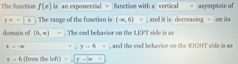 The function f(x) is an exponential function with a vertical asymptote of
y= beginarrayr sim encloselongdiv 6endarray. The range of the function is (-∈fty ,6)∪ , and it is decreasing on its 
domain of (6,∈fty ). The end behavior on the LEFT side is as
Xto -∈fty , and the end behavior on the RIGHT side is as
x,yto 6
xto 6 (from the left) , yto ∈fty