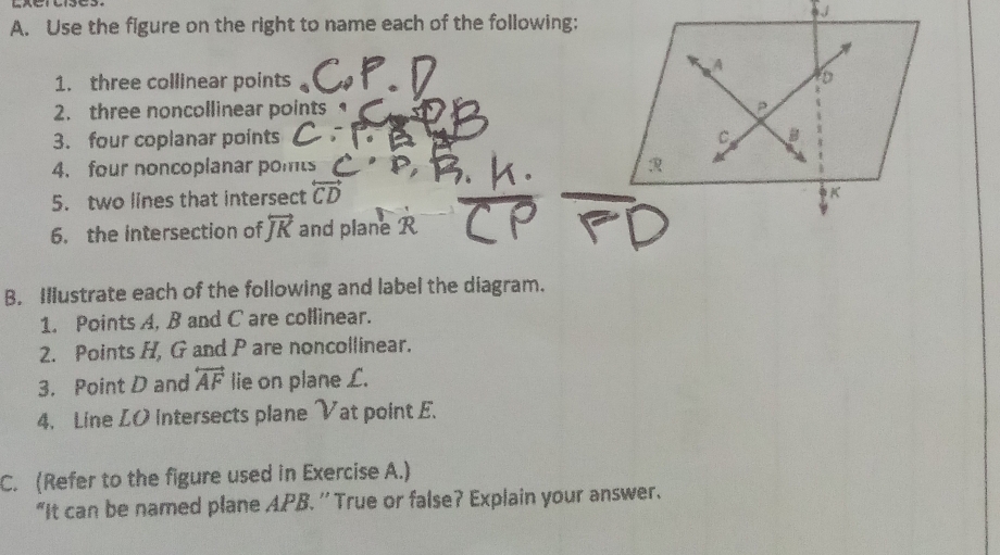 Use the figure on the right to name each of the following: 
1. three collinear points 
2. three noncollinear points 
3. four coplanar points 
4. four noncoplanar ponts 
5. two lines that intersect overleftrightarrow CD
6. the intersection of overleftrightarrow JK and plane R
B. Illustrate each of the following and label the diagram. 
1. Points A, B and C are collinear. 
2. Points H, G and P are noncollinear. 
3. Point D and overleftrightarrow AF lie on plane L. 
4. Line LO intersects plane Vat point E. 
C. (Refer to the figure used in Exercise A.) 
“It can be named plane APB. '' True or false? Explain your answer.