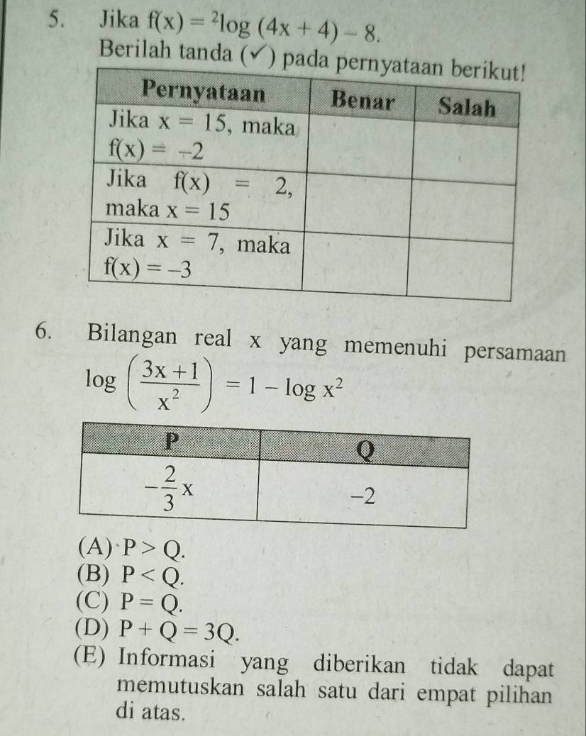 Jika f(x)=^2log (4x+4)-8.
Berilah tanda (✓) 
6. Bilangan real x yang memenuhi persamaan
log ( (3x+1)/x^2 )=1-log x^2
(A) P>Q.
(B) P
(C) P=Q.
(D) P+Q=3Q.
(E) Informasi yang diberikan tidak dapat
memutuskan salah satu dari empat pilihan 
di atas.