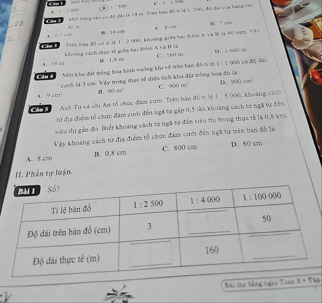 Một bức tường
A. 1:2000 B 1:500 C. 1:1500
Cản   Một hàng rào có độ dài là 14 m. Trên bản đồ tỉ lệ 1:200 , độ dài của hàng rào
đó là:
A. 0,7 cm B. 16 cm C. 8 cm D. 7 cm
Cn  Trên bản đồ có tỉ lệ 1:2000 , khoảng giữa hai điểm A và B là 80 mm. Vậy
khoảng cách thực tế giữa hai điểm A và B là:
A. 16 m B. 1,6 m C. 160 m D. 1 600 m
Cầu 4  Một khu đất trồng hoa hình vuông khi vẽ trên bản đồ tỉ lệ 1:1000 có độ dài
cạnh là 3 cm. Vậy trong thực tế diện tích khu đất trồng hoa đó là:
C. 900m^2 D. 900cm^2
A. 9cm^2 B. 90m^2
Câu 5 Anh Tú và chị An tổ chức đám cưới. Trên bản đồ tỉ lệ 1:5000 , khoảng cách
từ địa điểm tổ chức đám cưới đến ngã tư gấp 0,5 lần khoảng cách từ ngã tư đến
siêu thị gần đó. Biết khoảng cách từ ngã tư đến siêu thị trong thực tế là 0,8 km.
Vậy khoảng cách từ địa điểm tổ chức đám cưới đến ngã tư trên bản đồ là:
A. 8 cm B. 0,8 cm C. 800 cm D. 80 cm
II. Phần tự luận.
Bài tập hằng ngày Toàn