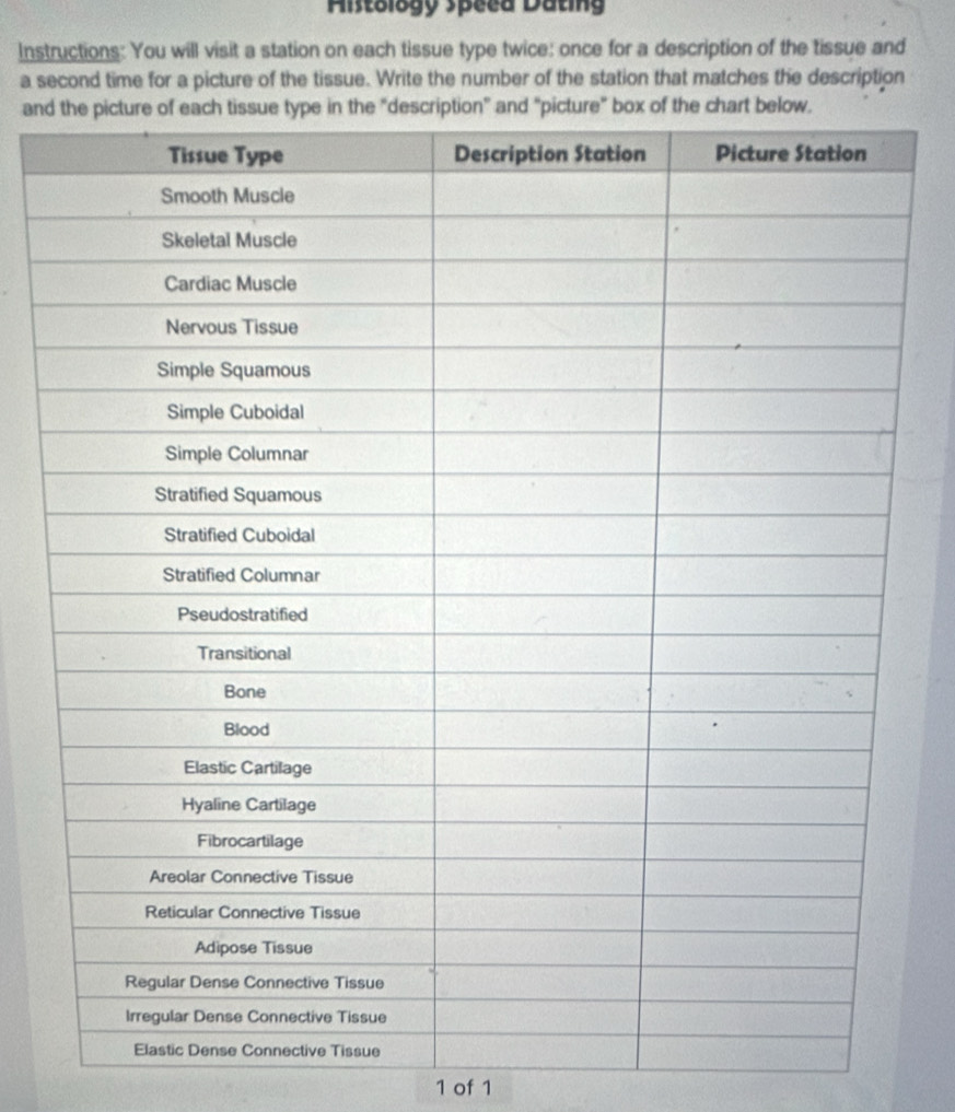 Hitology speea Dating 
Instructions: You will visit a station on each tissue type twice: once for a description of the tissue and 
a second time for a picture of the tissue. Write the number of the station that matches the description 
and 
1 of 1