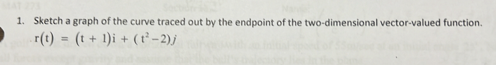 Sketch a graph of the curve traced out by the endpoint of the two-dimensional vector-valued function.
r(t)=(t+1)i+(t^2-2)j