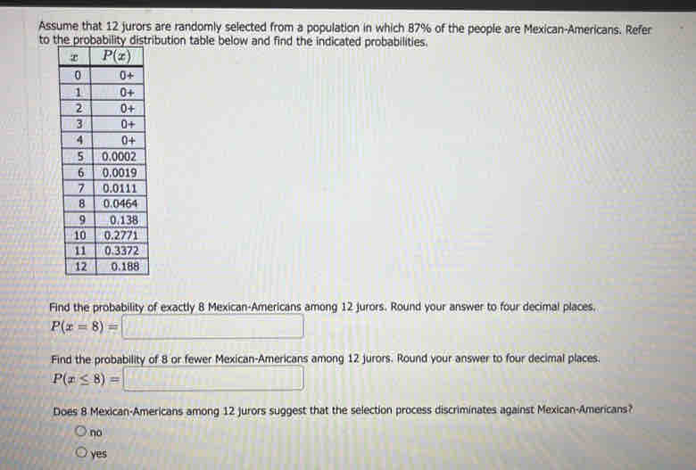 Assume that 12 jurors are randomly selected from a population in which 87% of the people are Mexican-Americans. Refer
to the probability distribution table below and find the indicated probabilities.
Find the probability of exactly 8 Mexican-Americans among 12 jurors. Round your answer to four decimal places,
P(x=8)=□
Find the probability of 8 or fewer Mexican-Americans among 12 jurors. Round your answer to four decimal places.
P(x≤ 8)=□
Does 8 Mexican-Americans among 12 Jurors suggest that the selection process discriminates against Mexican-Americans?
no
yes