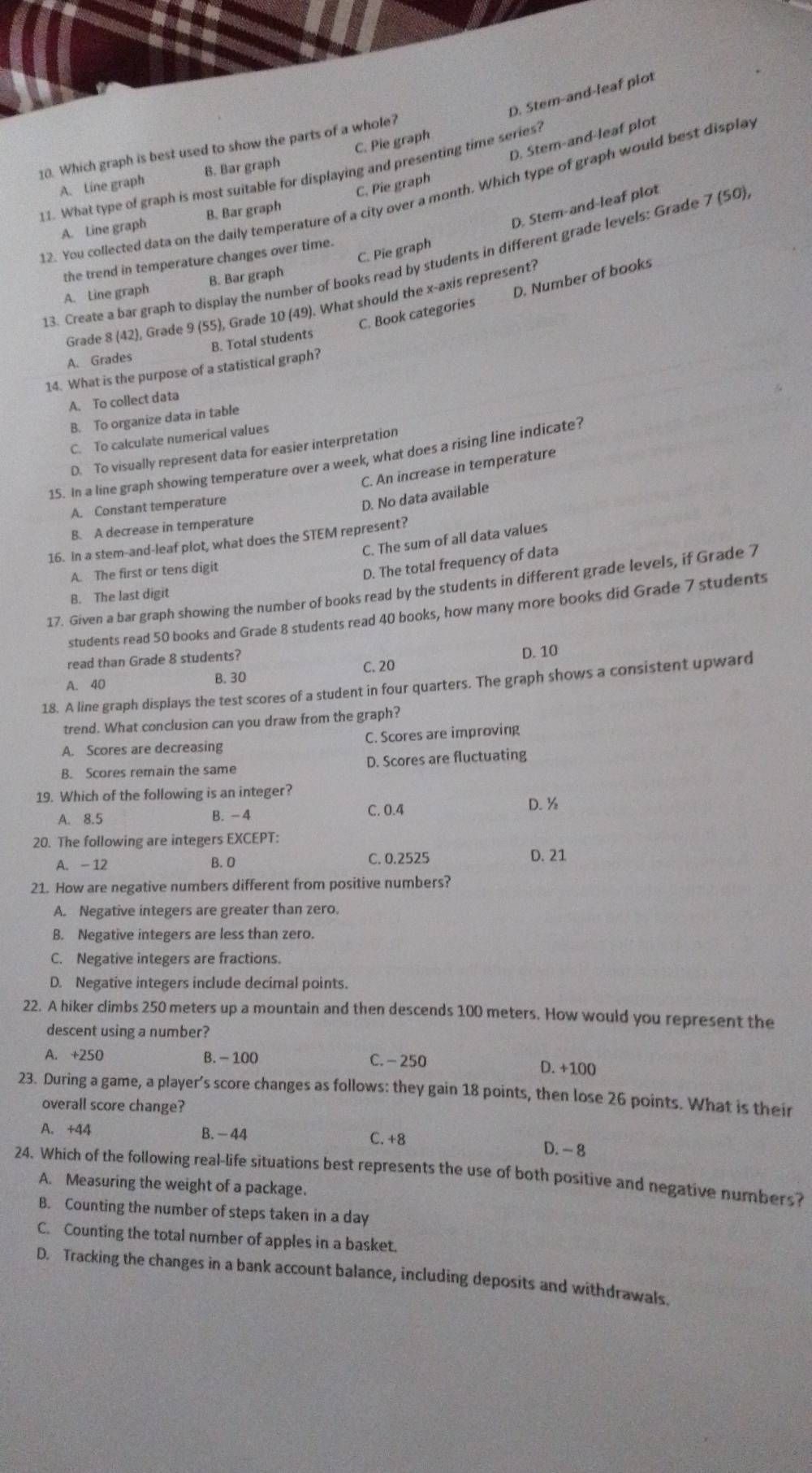 D. Stem-and-leaf plot
D. Stem-and-leaf plot
10. Which graph is best used to show the parts of a whole?
A. Line graph B. Bar graph C. Pie graph
11. What type of graph is most suitable for displaying and presenting time series?
C. Pie graph
12. You collected data on the daily temperature of a city over a month. Which type of graph would best displa
A. Line graph B. Bar graph
C. Pie graph D. Stem-and-leaf plot
13. Create a bar graph to display the number of books read by students in different grade levels: Grade 7 (50)
the trend in temperature changes over time.
A. Line graph B. Bar graph
C. Book categories D. Number of books
Grade 8 (42), Grade 9 (55) Grade 10 (49). What should the x-axis represent?
A. Grades B. Total students
14. What is the purpose of a statistical graph?
A. To collect data
B. To organize data in table
C. To calculate numerical values
D. To visually represent data for easier interpretation
15. In a line graph showing temperature over a week, what does a rising line indicate?
C. An increase in temperature
A. Constant temperature
D. No data available
B. A decrease in temperature
C. The sum of all data values
16. in a stem-and-leaf plot, what does the STEM represent?
A. The first or tens digit
D. The total frequency of data
17. Given a bar graph showing the number of books read by the students in different grade levels, if Grade 7
B. The last digit
students read 50 books and Grade 8 students read 40 books, how many more books did Grade 7 students
read than Grade 8 students?
A. 40 B. 30 C. 20 D. 10
18. A line graph displays the test scores of a student in four quarters. The graph shows a consistent upward
trend. What conclusion can you draw from the graph?
A. Scores are decreasing C. Scores are improving
B. Scores remain the same D. Scores are fluctuating
19. Which of the following is an integer?
A. 8.5 B. -4 C. 0.4
D. ½
20. The following are integers EXCEPT:
A. - 12 B.O C. 0.2525 D. 21
21. How are negative numbers different from positive numbers?
A. Negative integers are greater than zero.
B. Negative integers are less than zero.
C. Negative integers are fractions.
D. Negative integers include decimal points.
22. A hiker climbs 250 meters up a mountain and then descends 100 meters. How would you represent the
descent using a number?
A. +250 B. - 100 C. - 250 D. +100
23. During a game, a player's score changes as follows: they gain 18 points, then lose 26 points. What is their
overall score change?
A. +44 B. - 44 C. +8
D. - 8
24. Which of the following real-life situations best represents the use of both positive and negative numbers?
A. Measuring the weight of a package.
B. Counting the number of steps taken in a day
C. Counting the total number of apples in a basket.
D. Tracking the changes in a bank account balance, including deposits and withdrawals.
