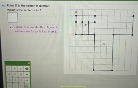 Point B is the center of dilation. 
What is the scale factor? 
Figure A' is smaller than figure A. 
so the scale factor is less than 1. 
,,,
7 8 9
4 5 6
1 2 3
。