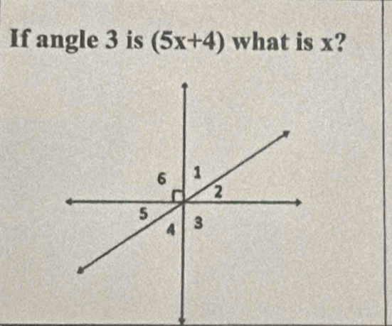 If angle 3 is (5x+4) what is x?
6 1
C 2
5 3
4