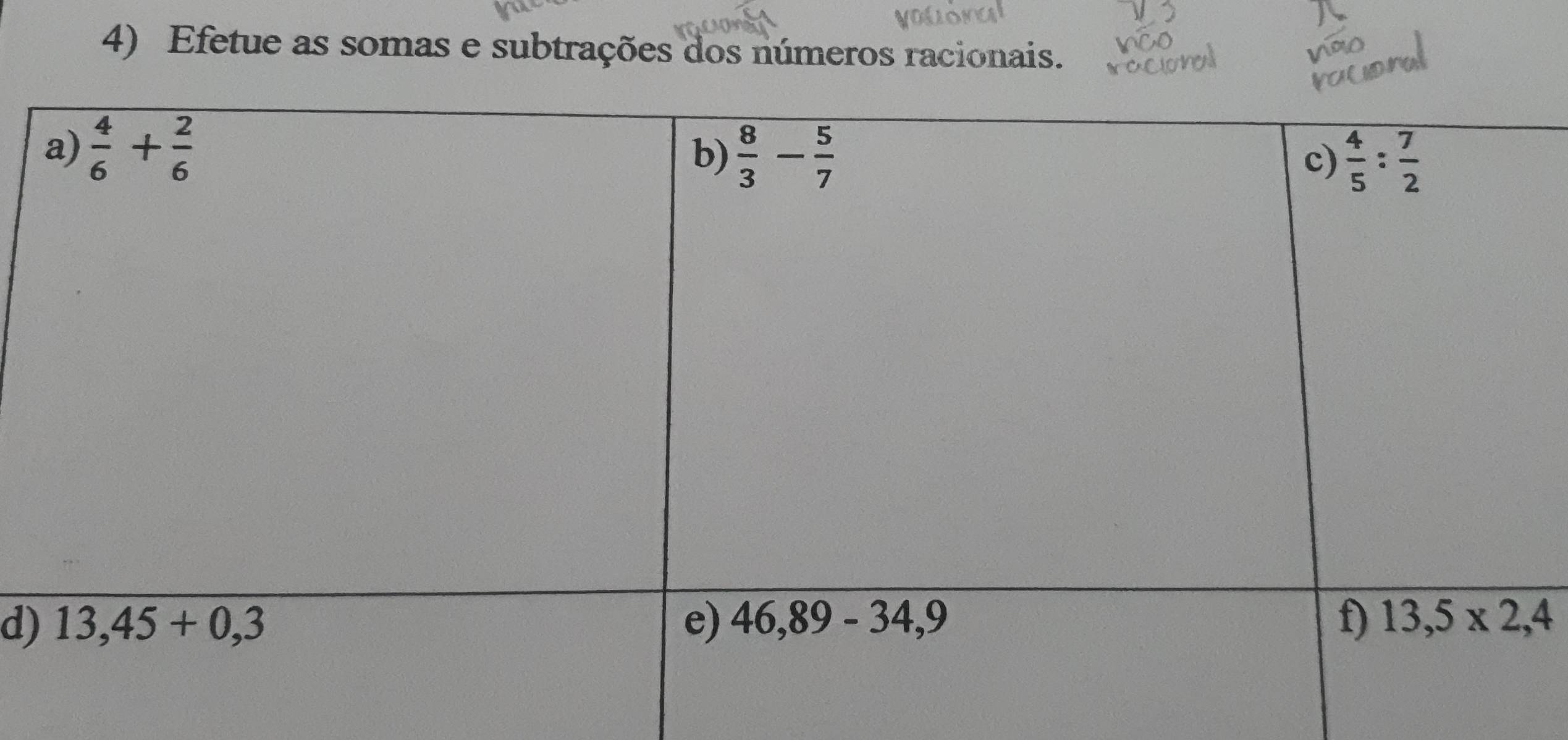 Efetue as somas e subtrações dos números racionais.
d)