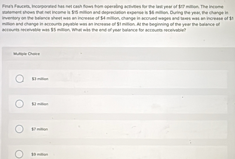 Fina's Faucets, Incorporated has net cash flows from operating activities for the last year of $17 million. The Income
statement shows that net income is $15 million and depreciation expense is $6 million. During the year, the change in
inventory on the balance sheet was an increase of $4 million, change in accrued wages and taxes was an increase of $1
million and change in accounts payable was an increase of $1 million. At the beginning of the year the balance of
accounts receivable was $5 million. What was the end of year balance for accounts receivable?
Multiple Choice
$3 million
$2 million
$7 million
$9 million