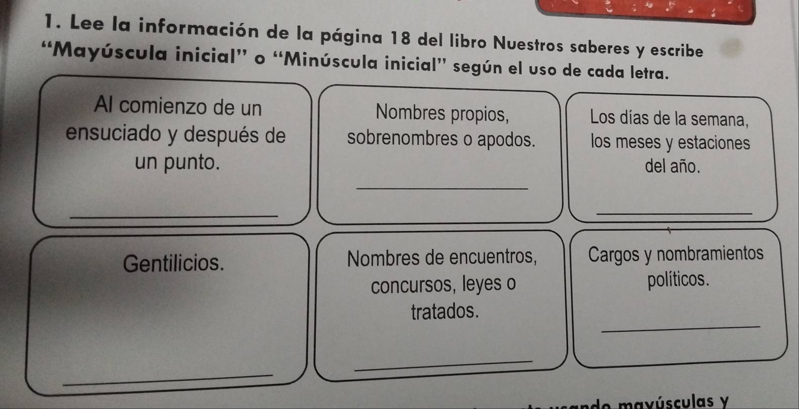 Lee la información de la página 18 del libro Nuestros saberes y escribe 
“Mayúscula inicial” o “Minúscula inicial” según el uso de cada letra. 
Al comienzo de un Nombres propios, Los días de la semana, 
ensuciado y después de sobrenombres o apodos. los meses y estaciones 
un punto. del año. 
_ 
_ 
_ 
Gentilicios. Nombres de encuentros, Cargos y nombramientos 
concursos, leyes o políticos. 
_ 
tratados. 
_ 
_ 
de mavúsculas y