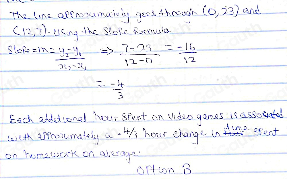 The lne affnoxumately goes through (0,23) and
(12,7) Ulsing the Scoke formula
Slope=m=frac y_2-y_1x_2-x_1Rightarrow  (7-23)/12-0 =- 16/12 
=- 4/3 
Each additional hour Spent on Video games is assocated 
wuth epprooumately a -4/3 hour change w 
Iime spent 
on homework on alierage 
orIcon B